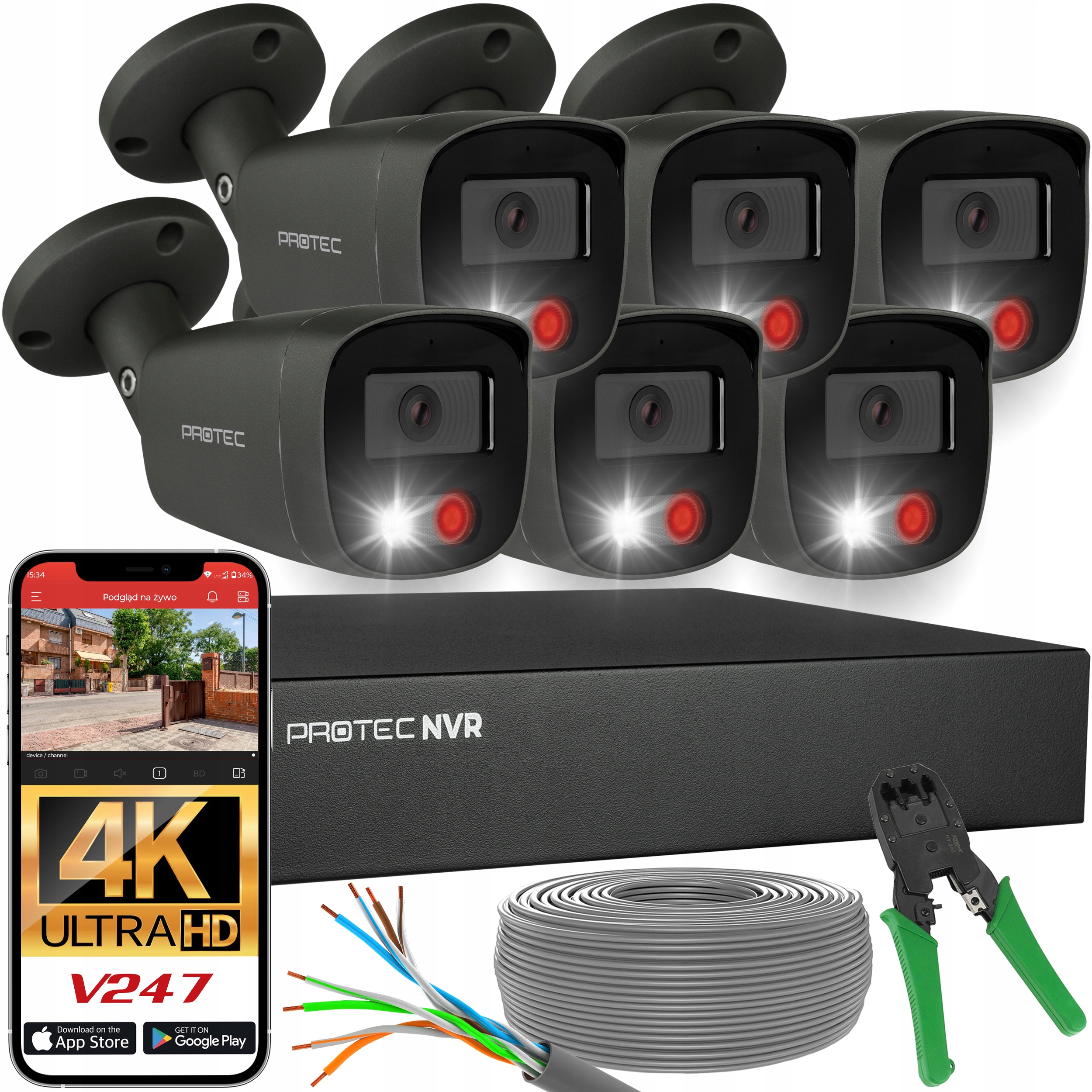 Zestaw do monitoringu 6 kamer 4K Ip PoE zewnętrzne mikrofony grafitowe