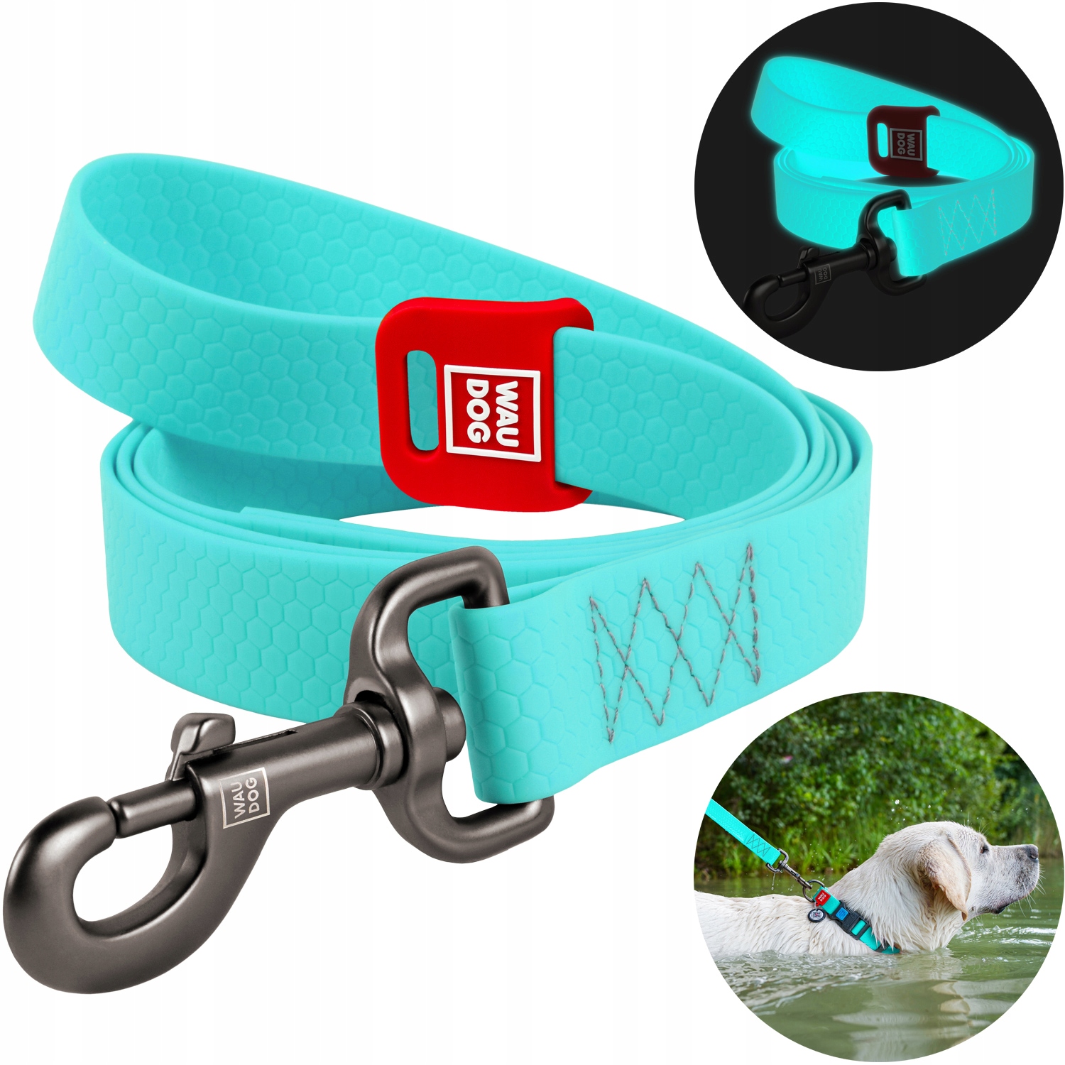 Levně Vodítko pro psa voděodolné, akumulující světlo, vel. M, 305 cm, 20 mm