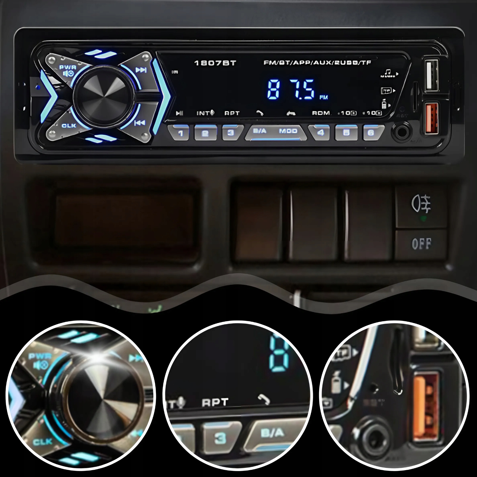 RADIO SAMOCHODOWE BLUETOOTH ZESTAW 1-DIN USB AUX SD MIKROFON PILOT BATERIA Model PODŚWIETLANE RADIO SAMOCHODOWE DO AUTA
