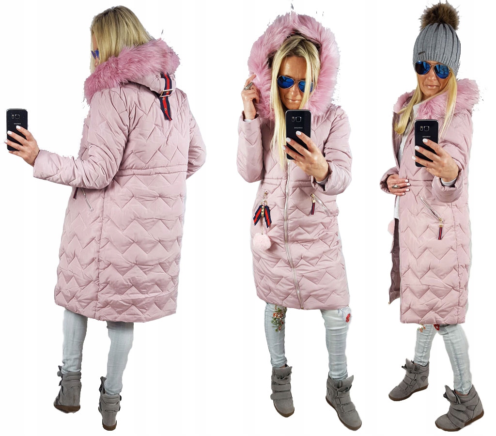 

Pikowany Długi Płaszcz Kurtka Zygzak Parka Futro S