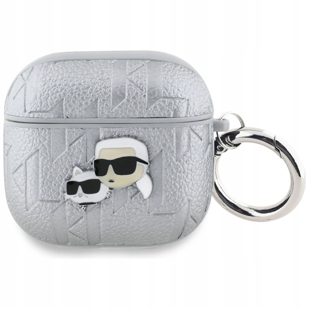 Pouzdro Karl Lagerfeld Monogram Karl & Choupette Head pro AirPods 4 stříbrné