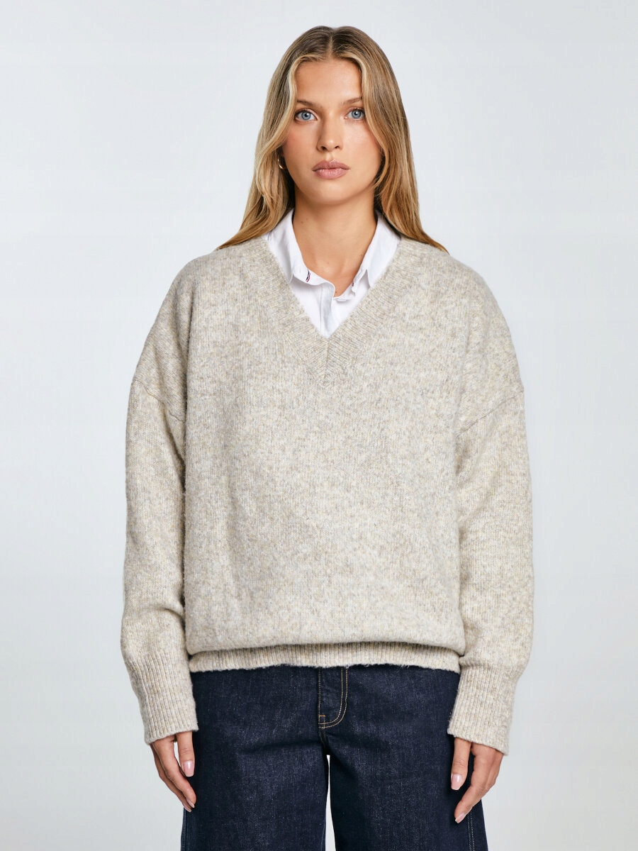 Big Star Dámský svetr v-neck s příměsí vlny béžový Violina 801 S/m