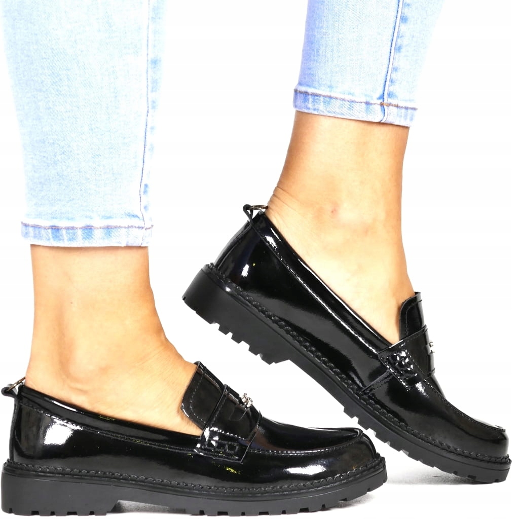 Kožené Černé Mokasíny Dámské Lakované Polobotky Plochá Podrážka