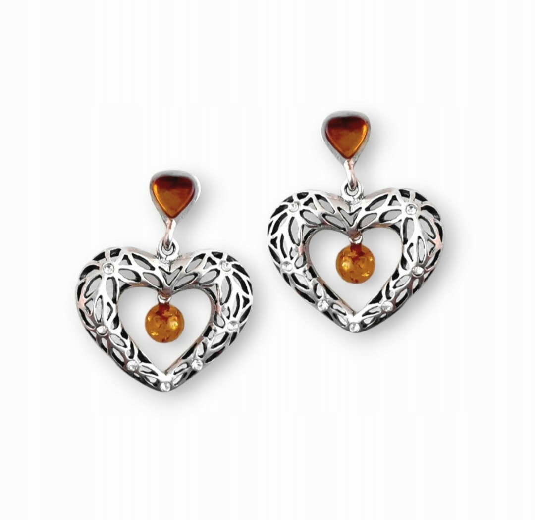 Stříbrné Náušnice Srdce S Jantarem Srdce