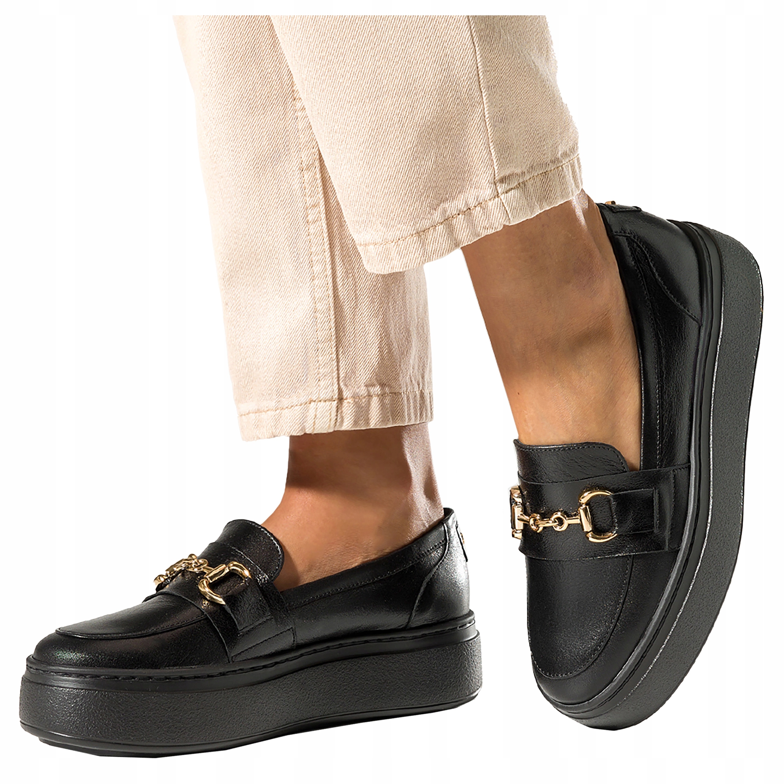 Černé dámské kožené mokasíny na platformě, Pohodlné, zlatá spona, velikost 37
