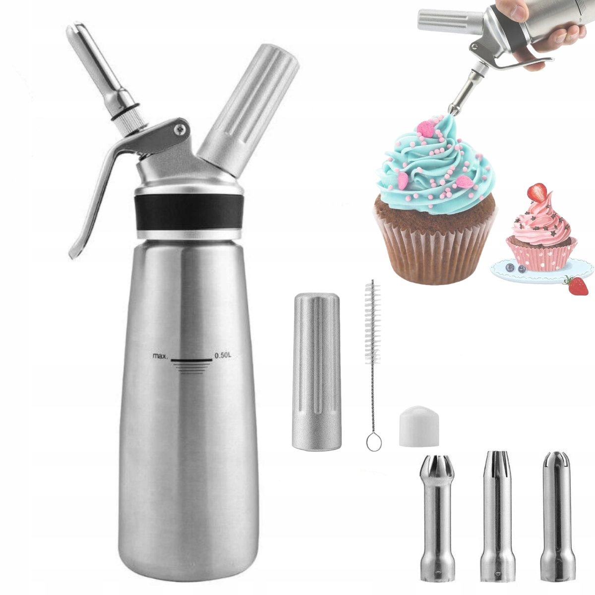 Sifon Na Šlehačku Z Hliníkové Slitiny S Koncovkami, 500 ML, Sada