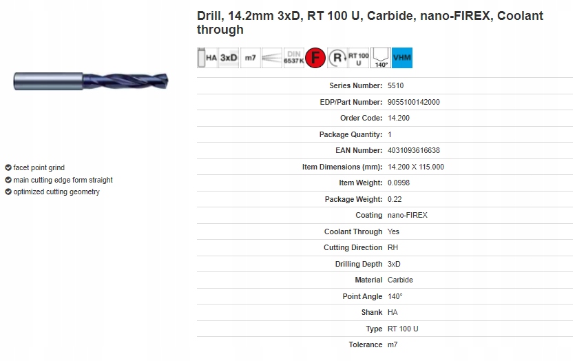 Wiertło GUHRING VHM Nr Art 5510 fi 14.20