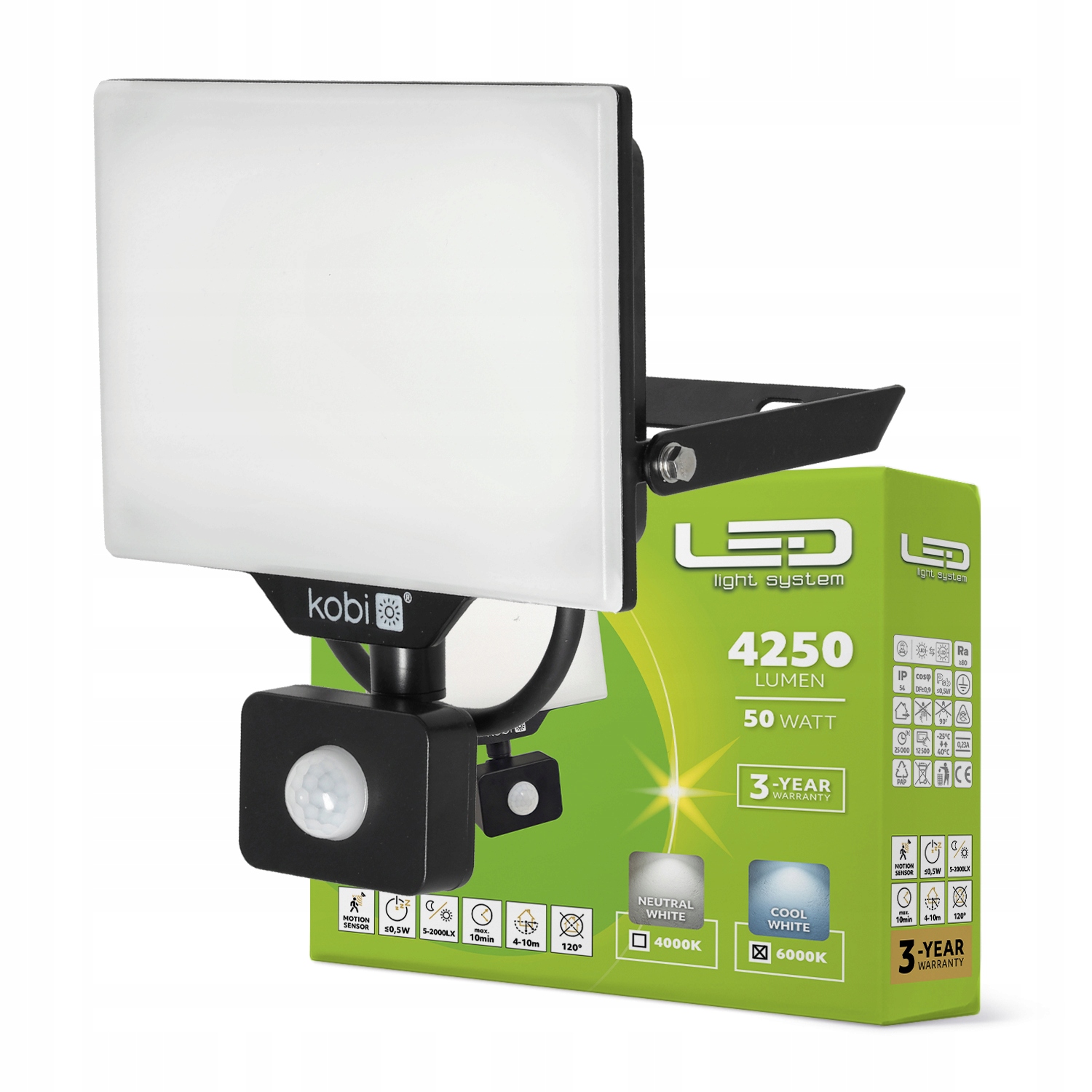 Halogen Led lampa s pohybovým senzorem a venkovní lampou 50W 6000K