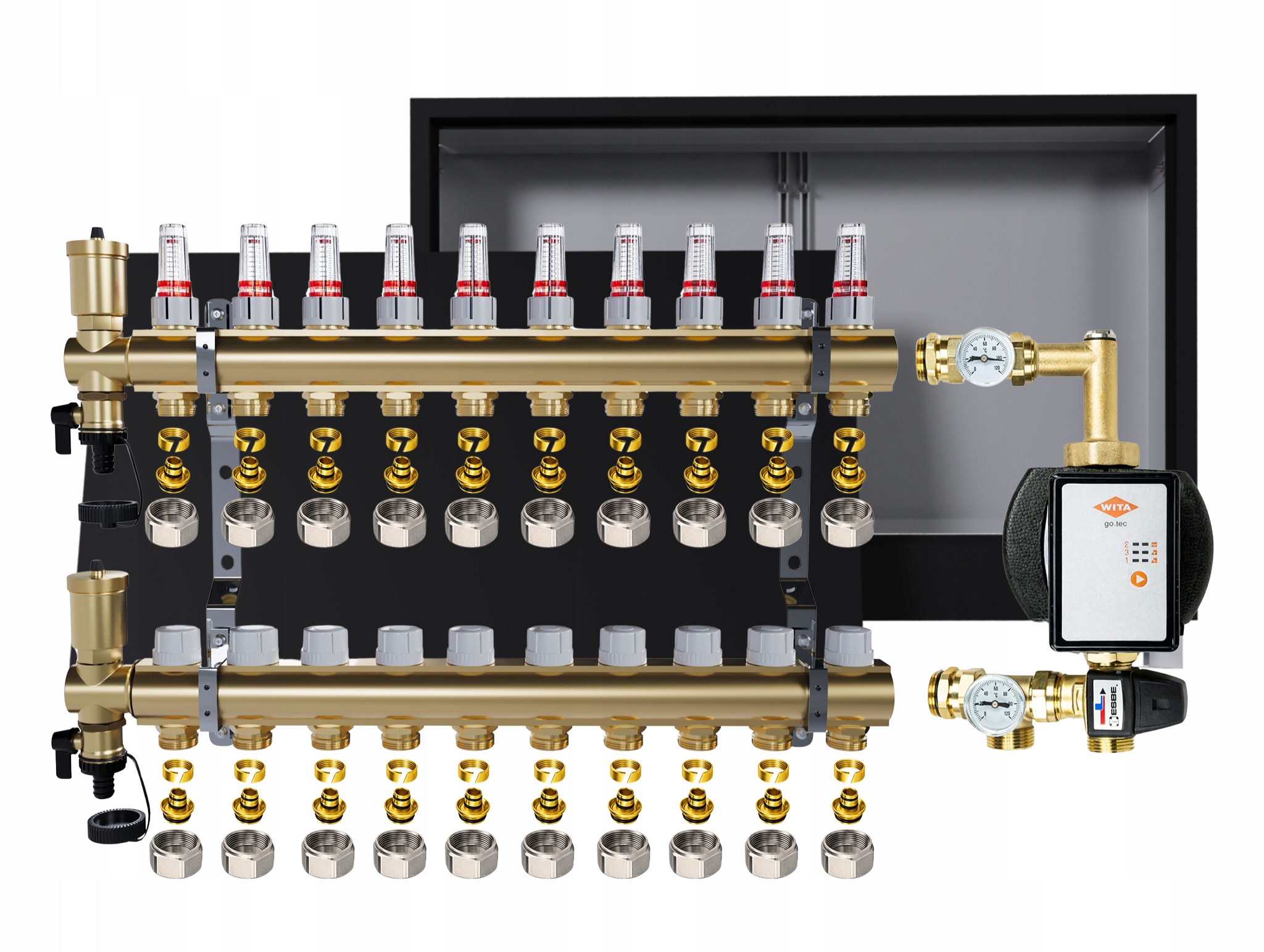 Rozdělovač pro podlahu 10 okruhů s čerpadlem Wita podomítková skříňka +pex
