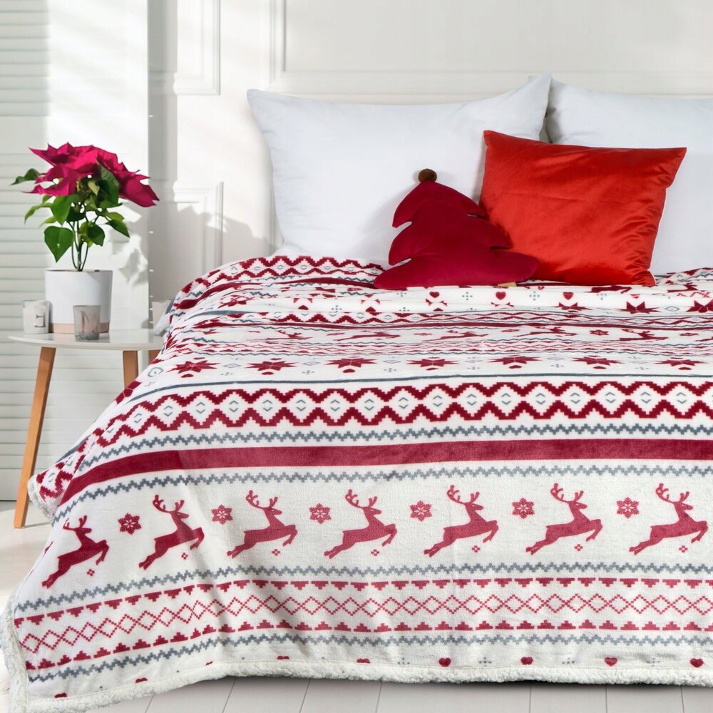 Vánoční deka 150x200 Eurofirany bílá červená, silný skandinávský motiv