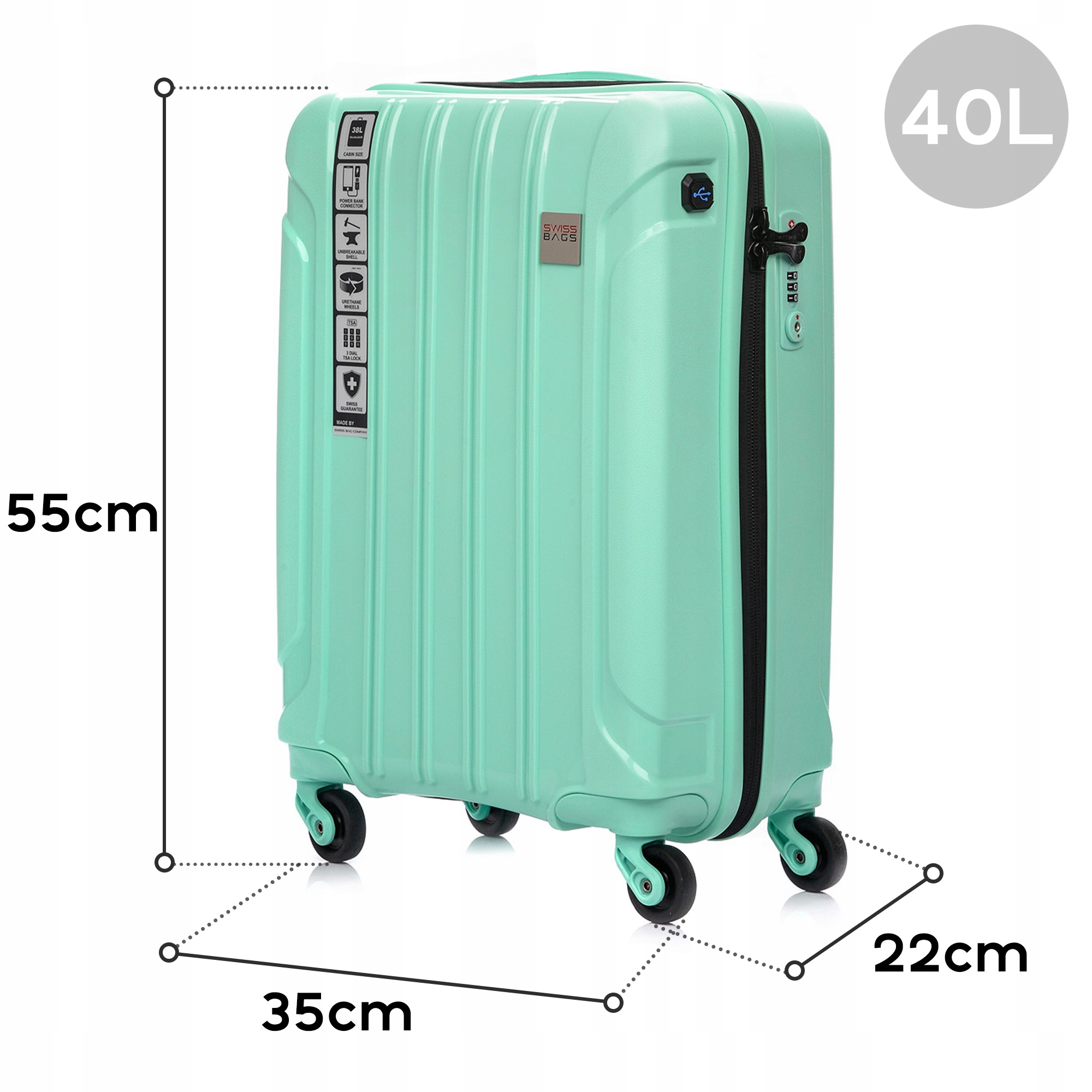 Walizka kabinowa bagaż podróżny SwissBags 55 cm Wzór dominujący bez wzoru