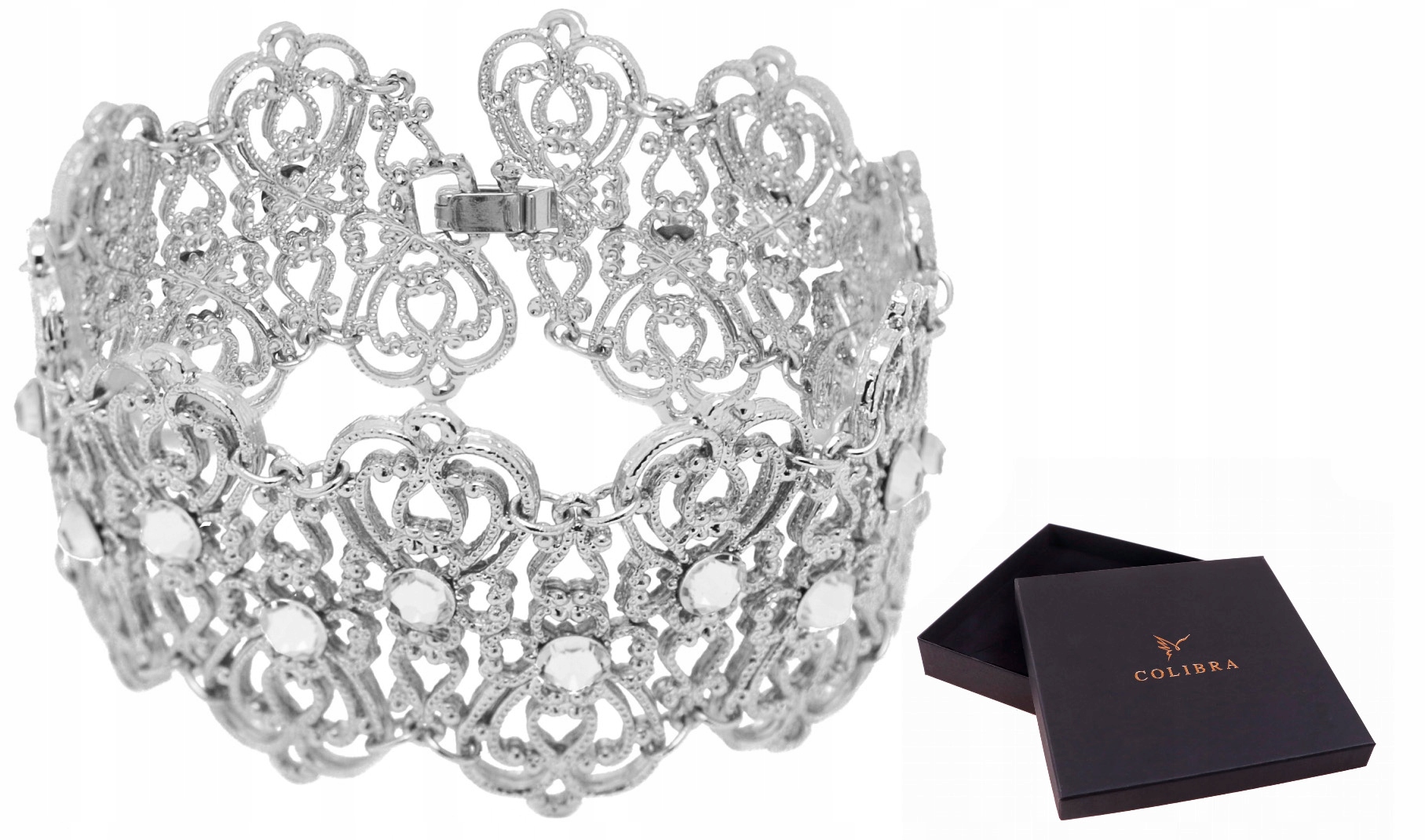 Stříbrný náramek se zirkony Swarovski Široký svatební ažurový Colibra