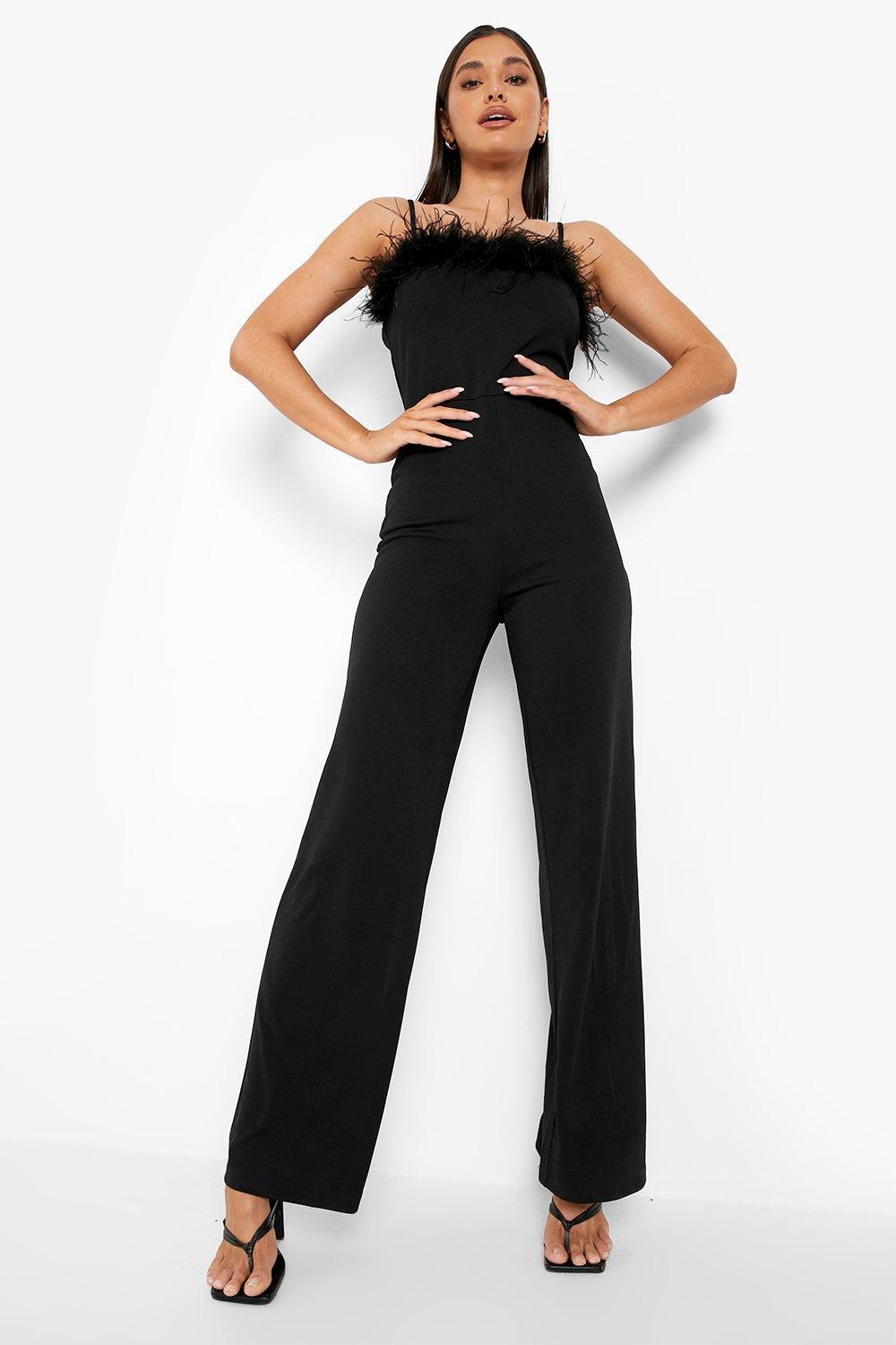 BOOHOO CZARNY DŁUGI KOMBINEZON ZDOBIENIE PIÓRA 7W7 B18__L Rozmiar L