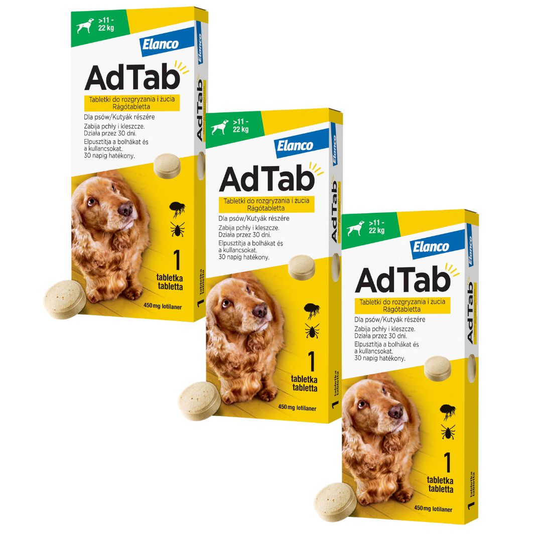 AdTab 450 mg tabletki do rozgryzania i żucia dla psów (11–22 kg) 3 sztuki