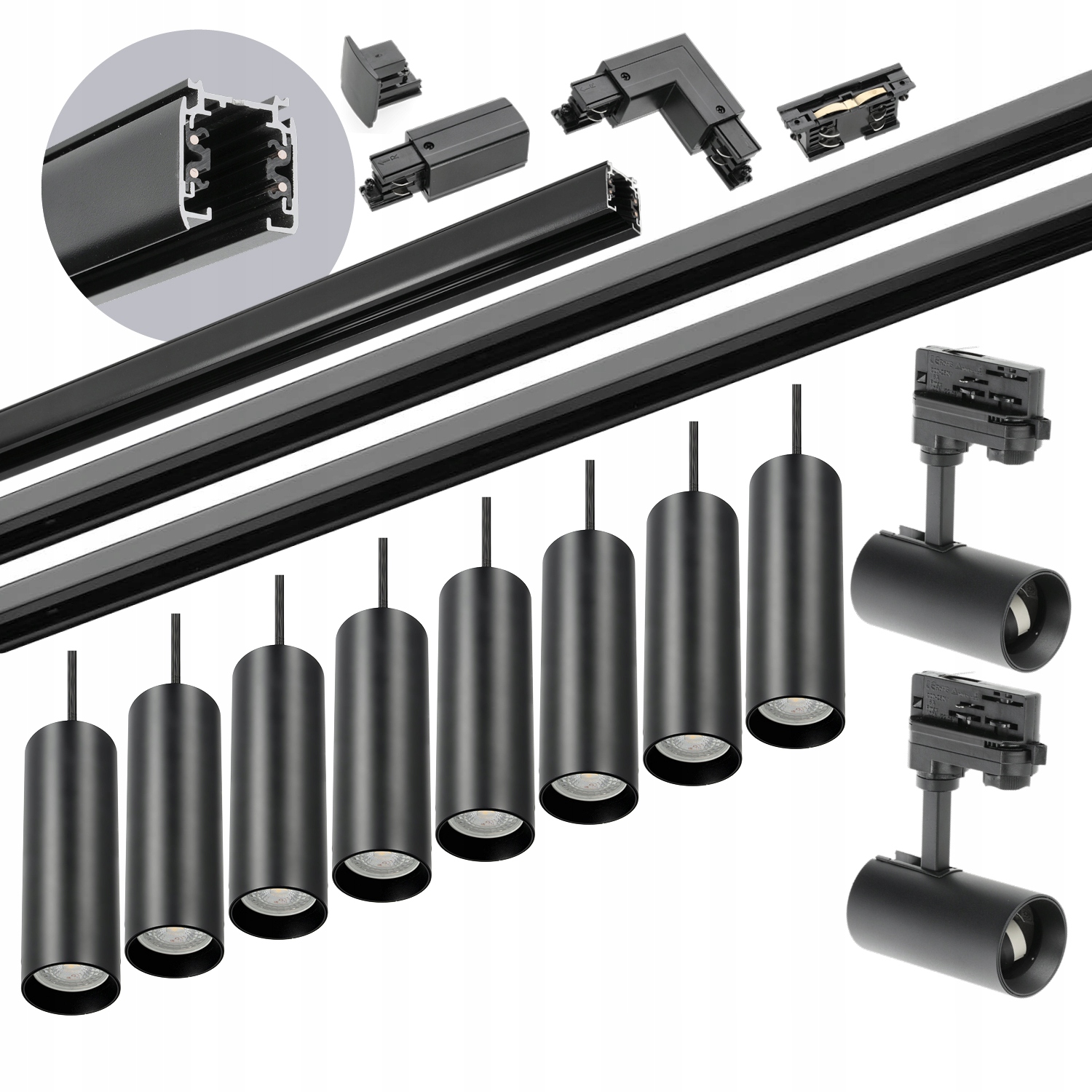 3-fázový koľajnicový set Čierny 1m+2m+2m, 10x lampa, vnútorná spojka L