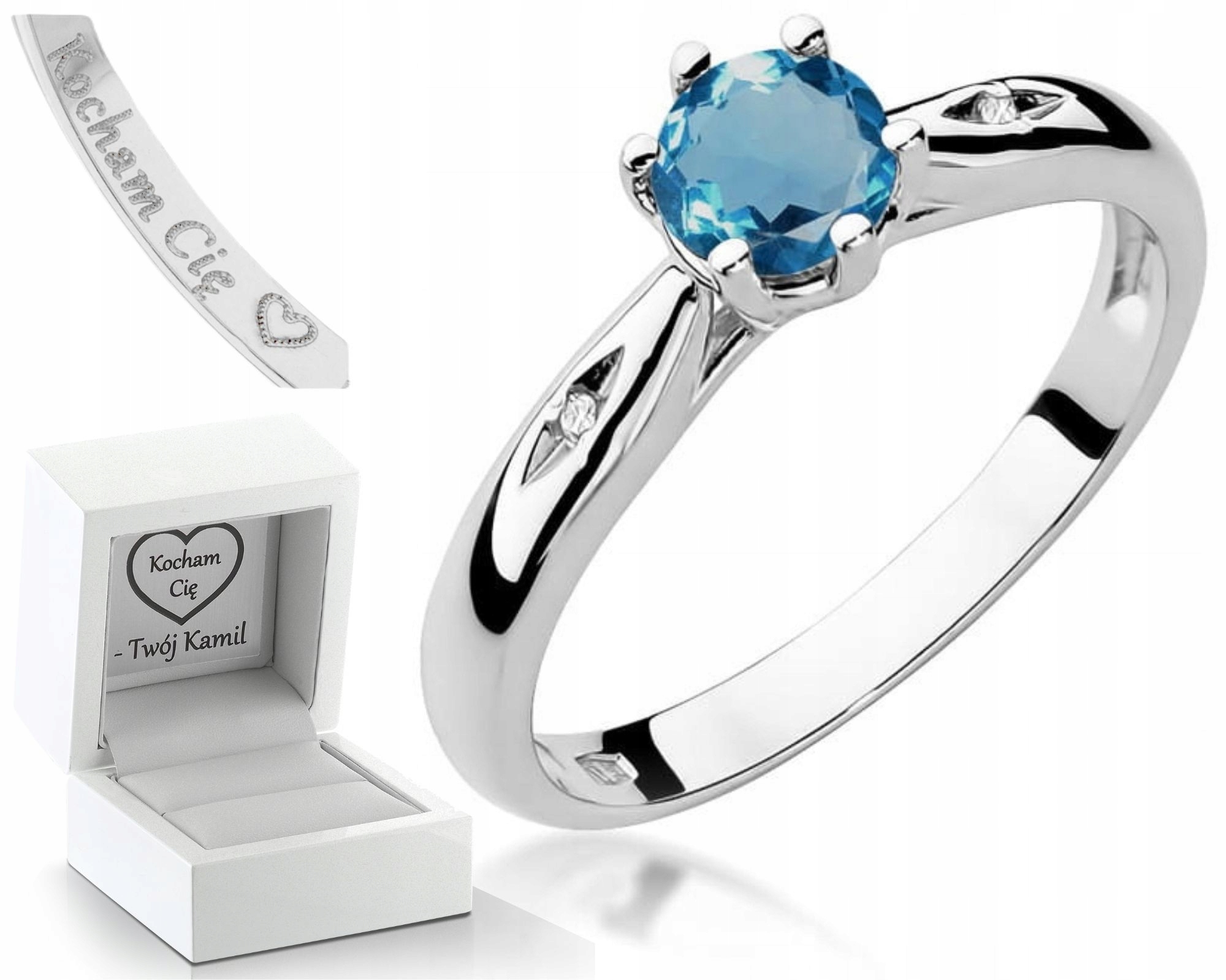 Prstýnek S Topazem London Blue Bílé Zlato Pro Zásnuby Gravírování 585