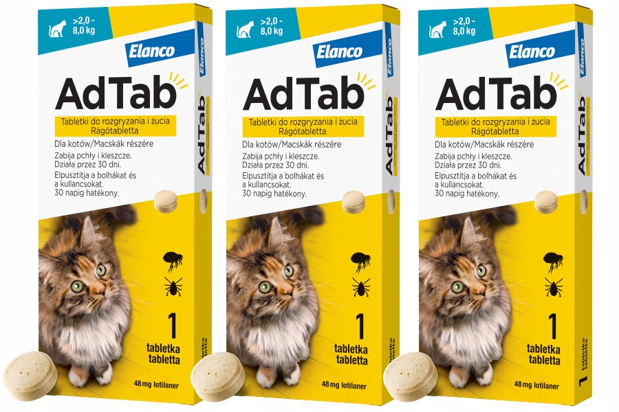 Adtab 3x48mg Tabletka Dla Kota Na Pchły Kleszcze Na 90 dni 2-8kg