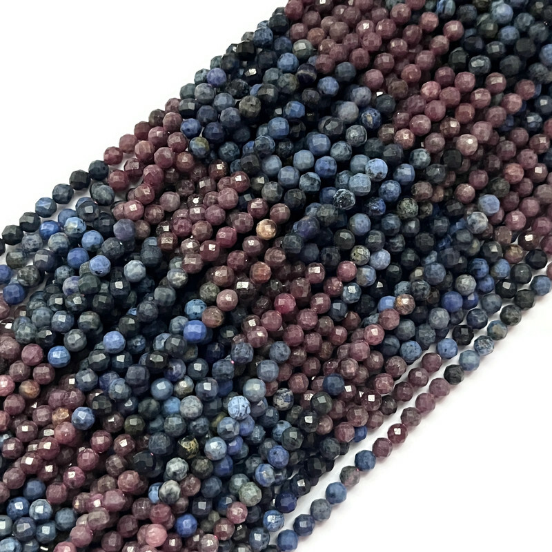 1847-Safír s Rubínem Fazetovaná kulička cca 4mm Šňůra