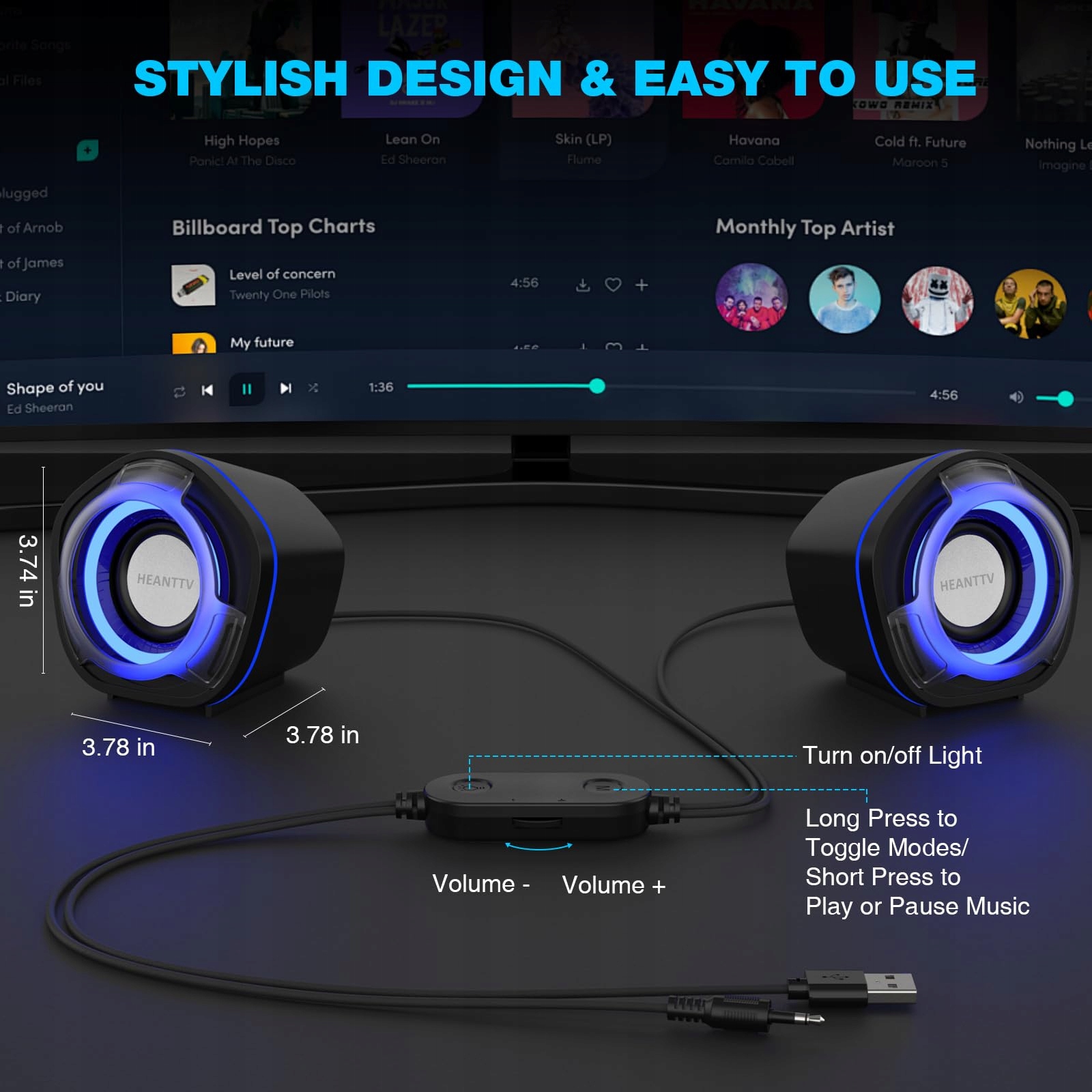 HEANTTV Głośniki Komputerowe Mini Stereo 6W USB 35mm AUX PC Laptop Czarne — miniatura 4