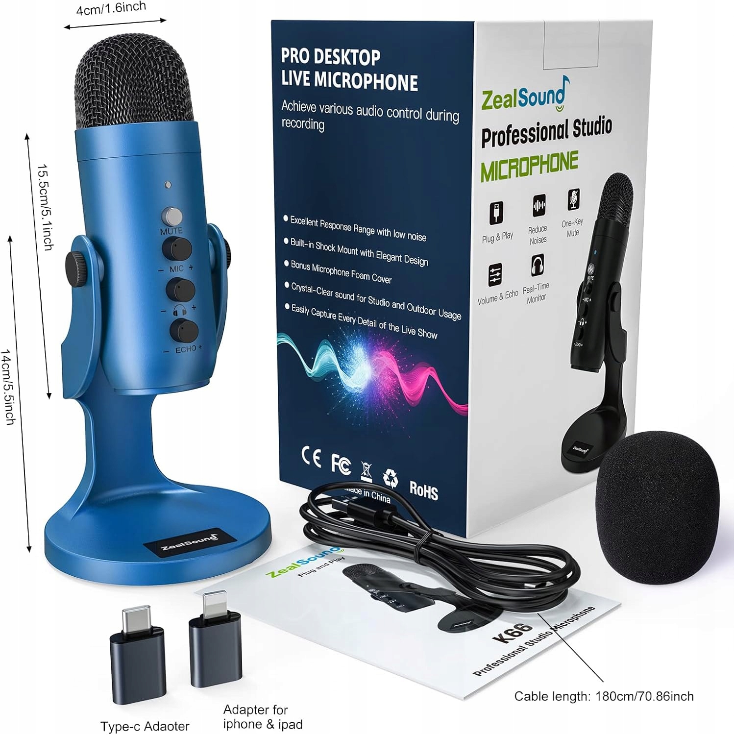 ZealSound K66 Mikrofon Pojemnościowy Jednokierunkowy Studyjny USB Różowy