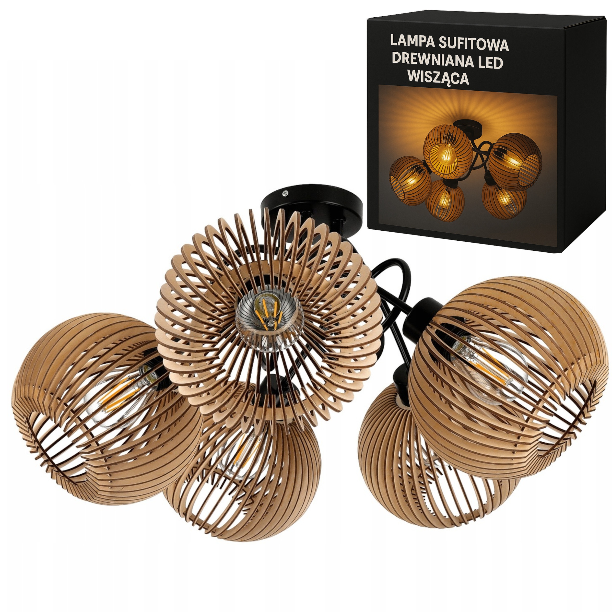 Drevená Led závesná stropná lampa 5xE27 do izby Krásna a rozložitá