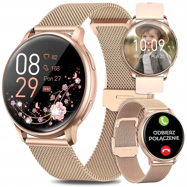 Smartwatch Damski Zegarek QS40 4 Paski Menu Pl Złoty