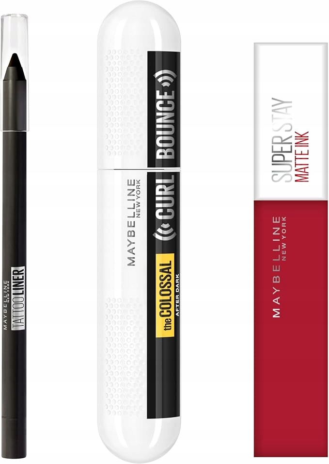 Sada Maybelline New York řasenka, tužka na oči a červená rtěnka