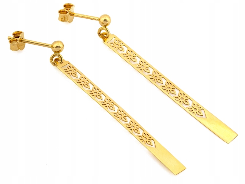 Dlouhé náušnice dámské žluté zlato 585 pevné obdélníkové ažurové přívěsky