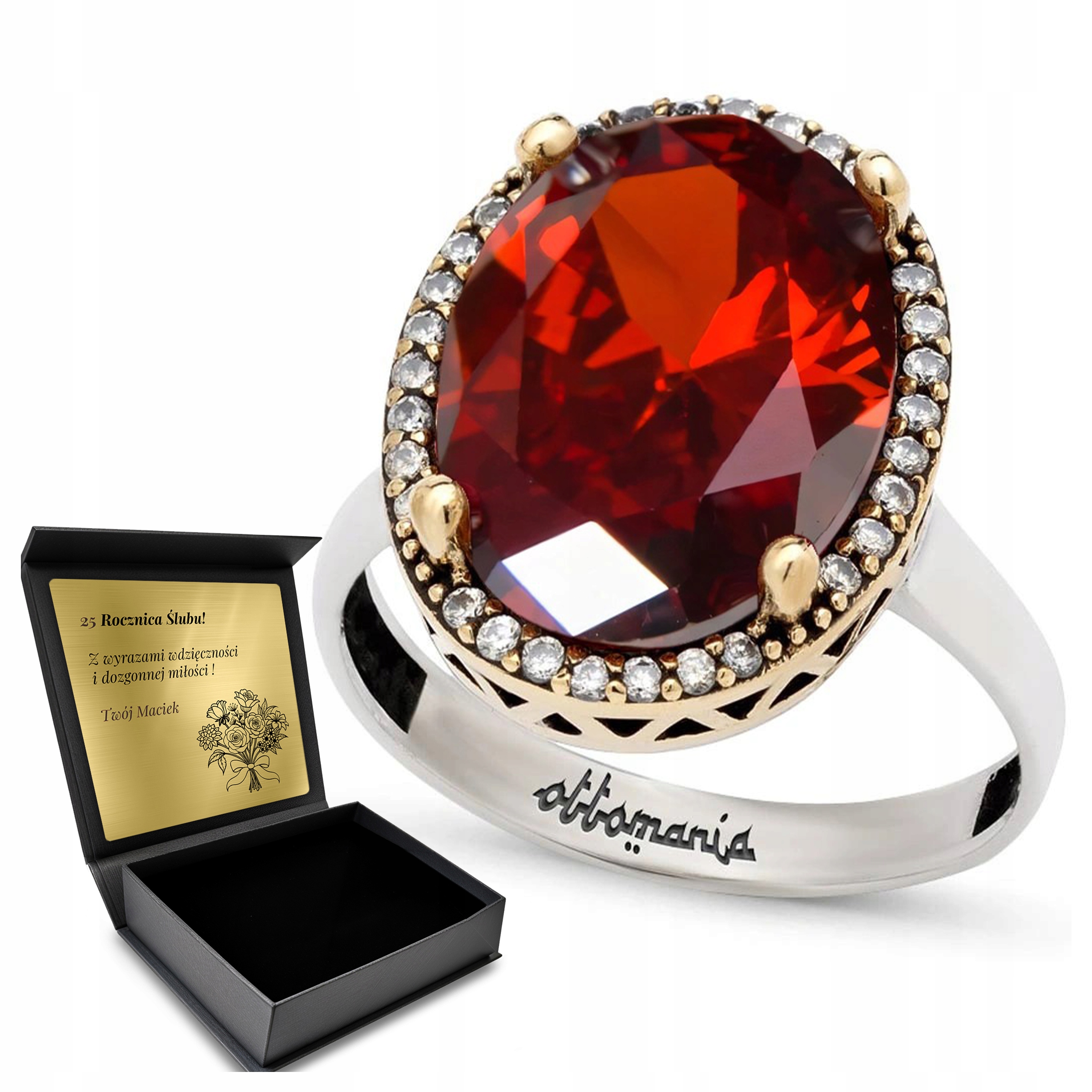 Prstýnek Stříbrný Prsten Zirkony Granátový Dárek na Valentýna Gravírování