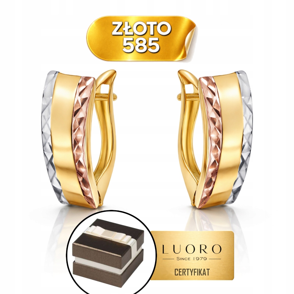 Náušnice Zlaté 585 14K Obdélník Diamantové Okraje Tricolor Anglické