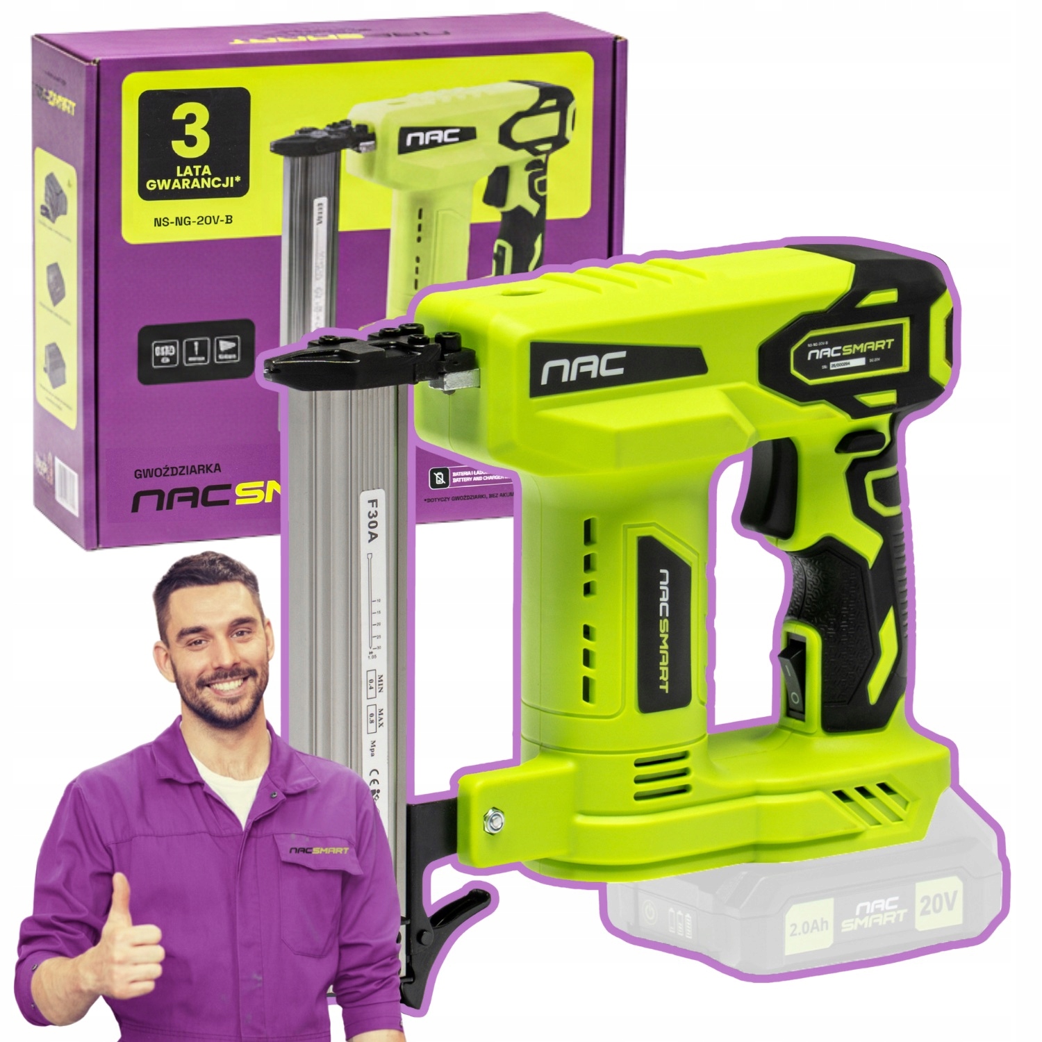 Akumulátorová Hřebíkovačka 30 MM Zásobník 100 Ks 20V Nac Smart Body Bez Akumulátoru