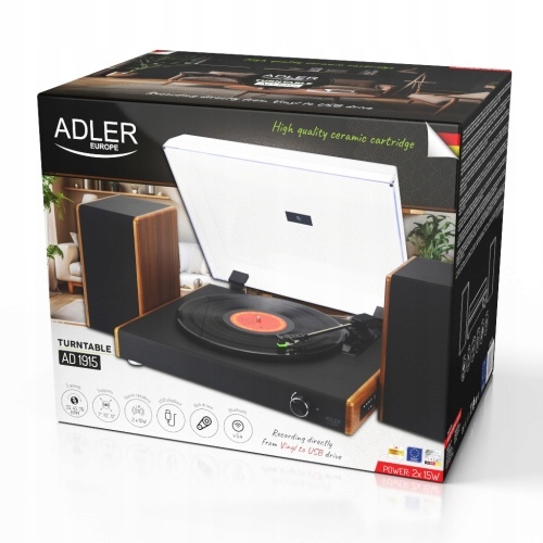 Gramofon Audio Czarny Bluetooth i USB Retro z Głośnikami BT Adler AD 1915