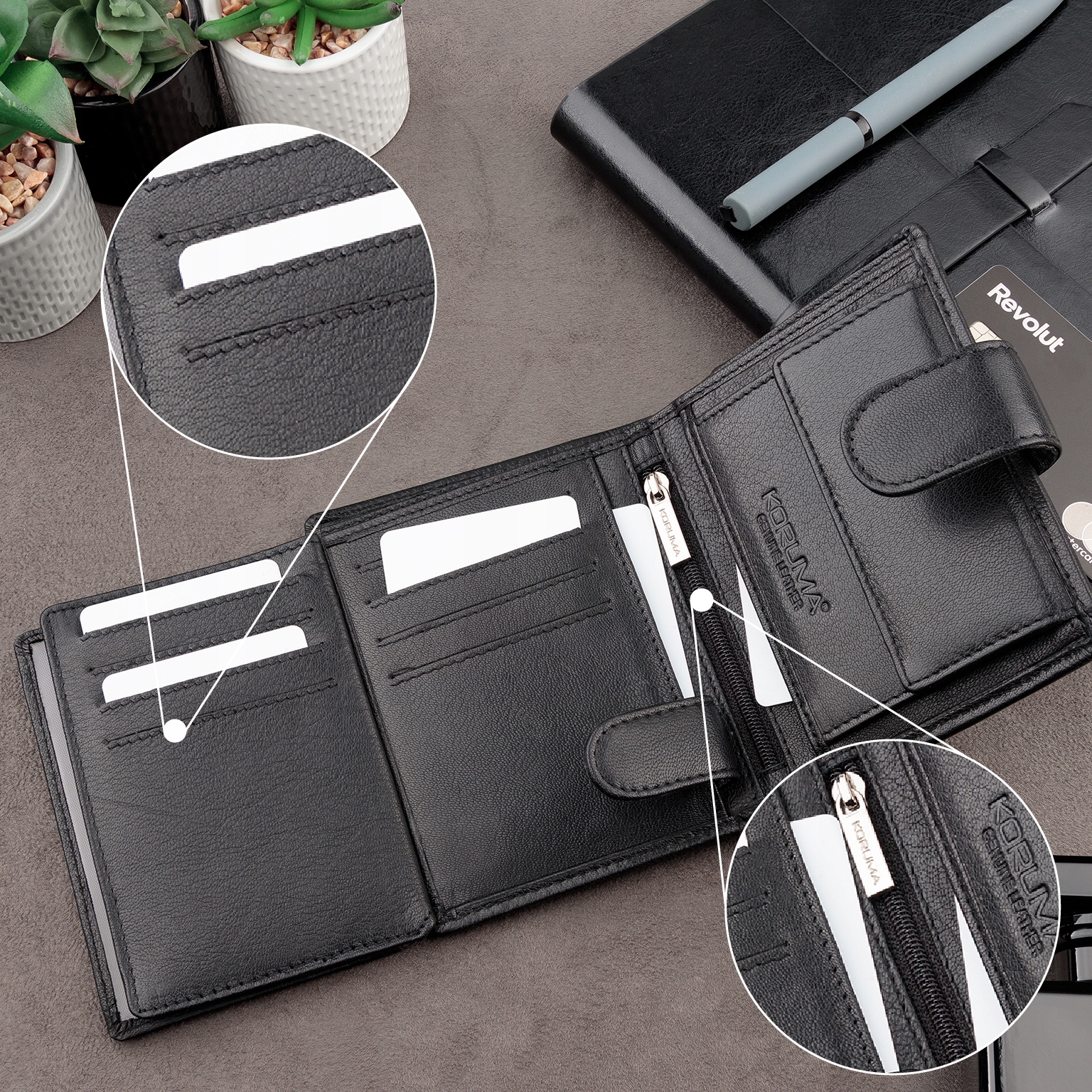 Pojemny PORTFEL MĘSKI Skórzany Pionowy OCHRONA RFID BLOCK Karty | KORUMA Kolor czarny