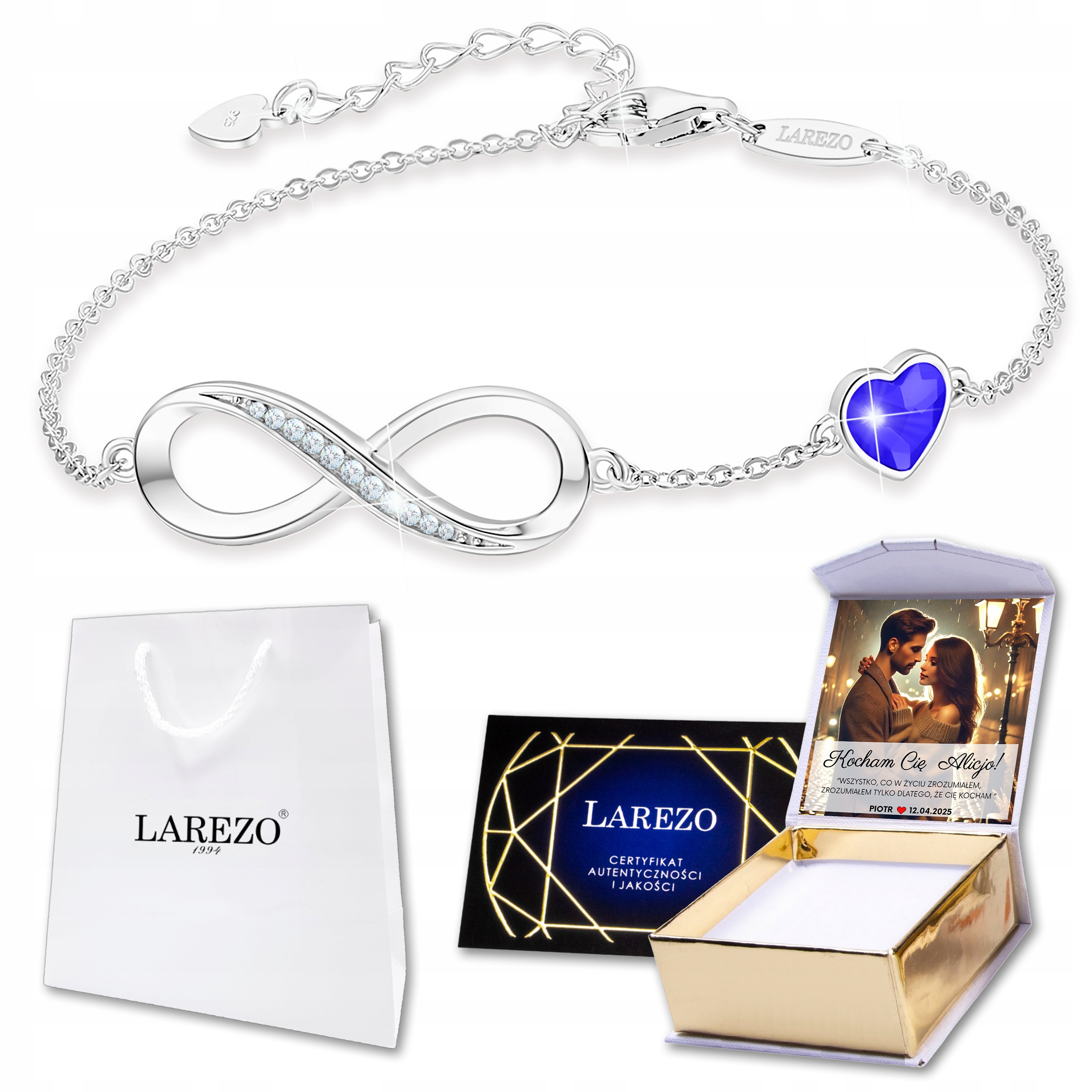 Stříbrný náramek 925 Nekonečno s modrým kamenem ve tvaru srdce a potiskem