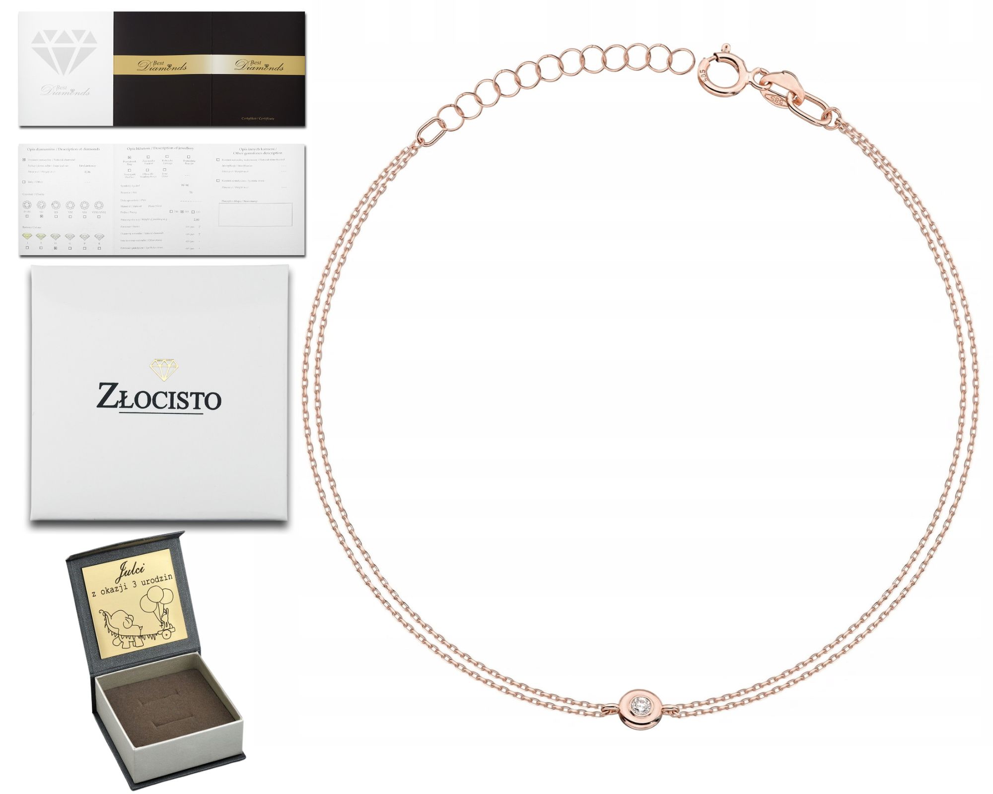 Náramek V Růžovém Zlatě Dvojitý Řetízek Diamant Zlato 585 Gravírování