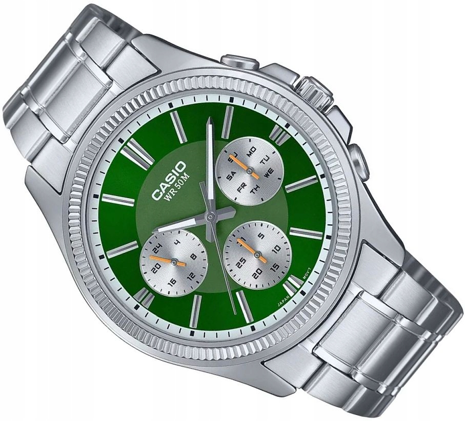 Elegantní Pánské Hodinky Casio MTP-1375PD-3AVEF Zelené S Multidátem 44 mm