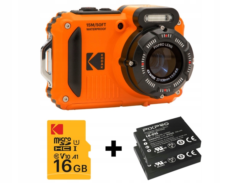 Aparat Kodak WPZ2 Pomarańczowy 2 baterie karta pamięci 16GB