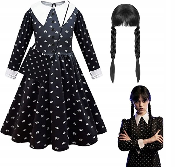 

Strój Sukienka Wednesday Addams Mundurek Włosy 140