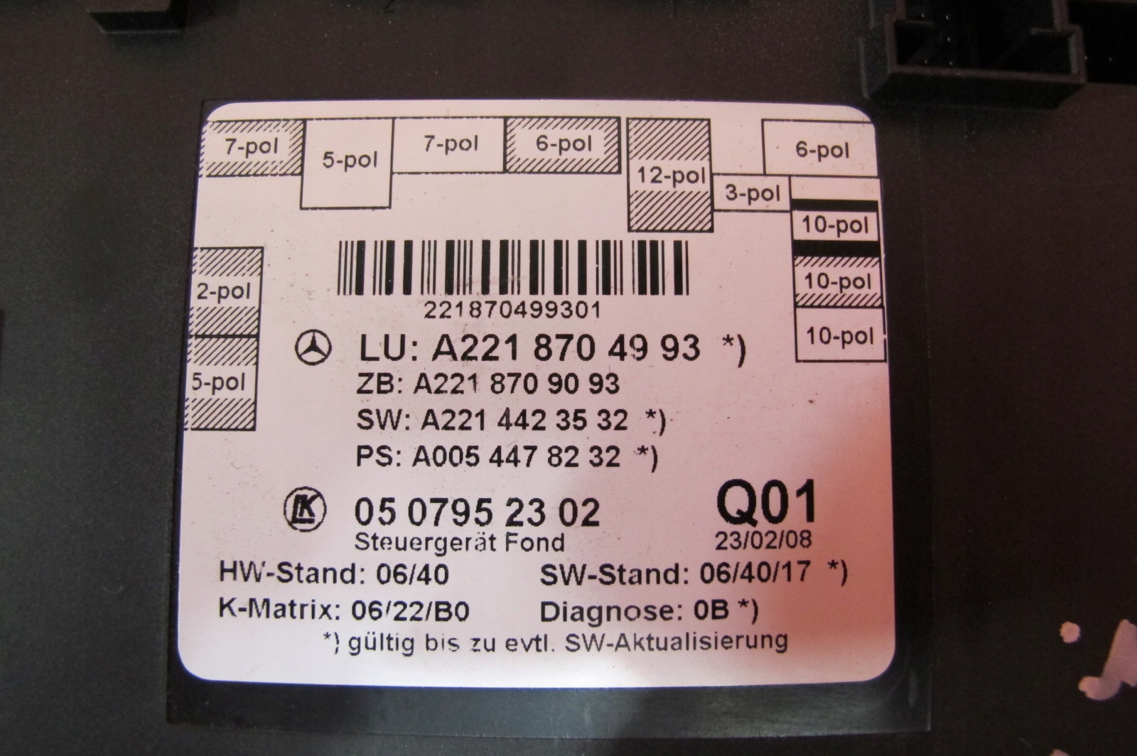 MERCEDES S-KLASA W221 221 module control unit door right rear part A2218704993