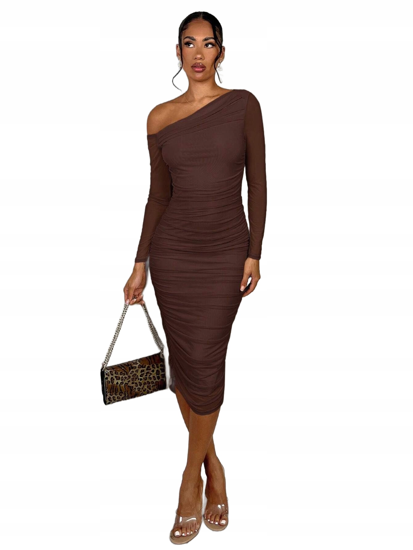 Shein Hnědá Šaty Elegantní MIDI Koktejlová S Řasením M 1LA