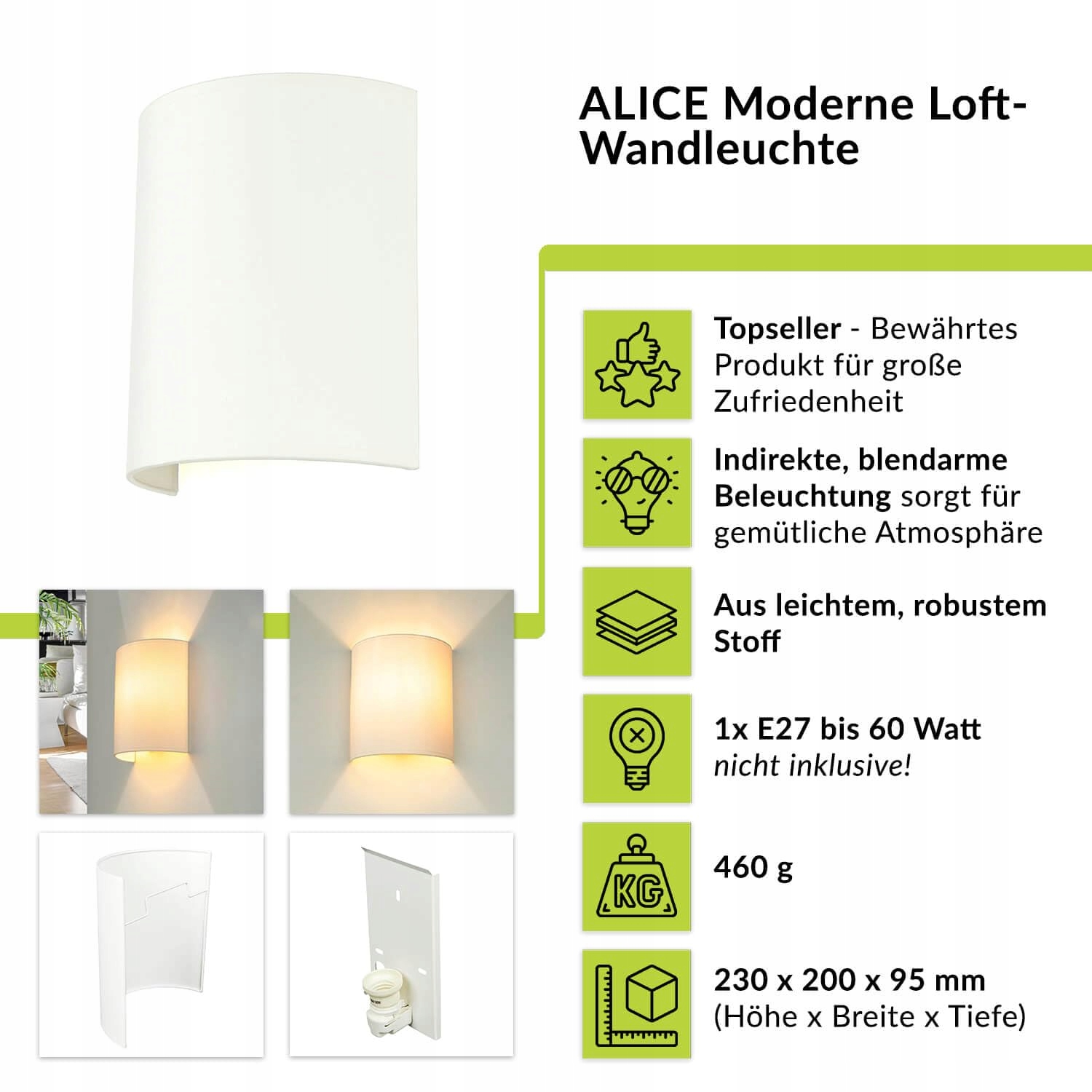 LICHTERLEBNISSE Kinkiet z Tkaniny Biały do Salonu Sypialni E27 ALICE — miniatura 7