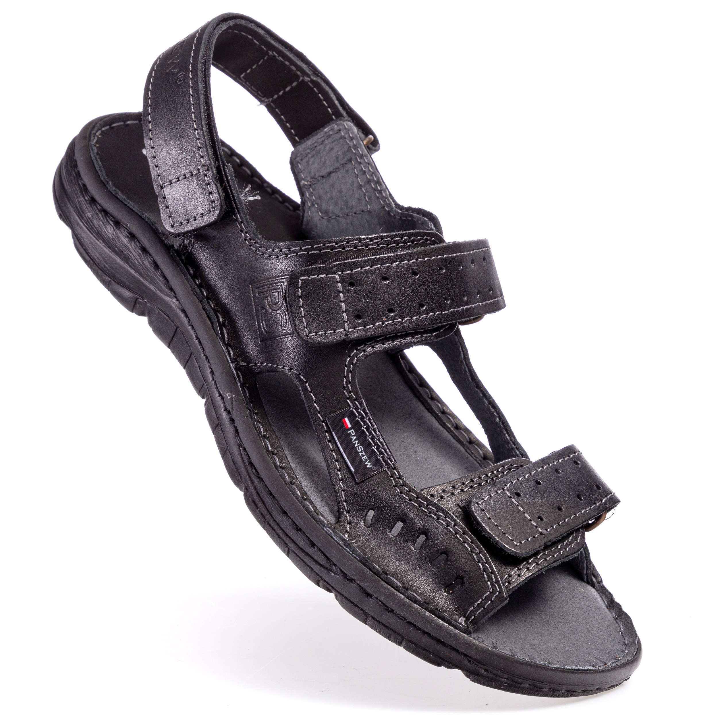 Pánské kožené sandály na suchý zip Přírodní kůže Černé Polské PanSzew