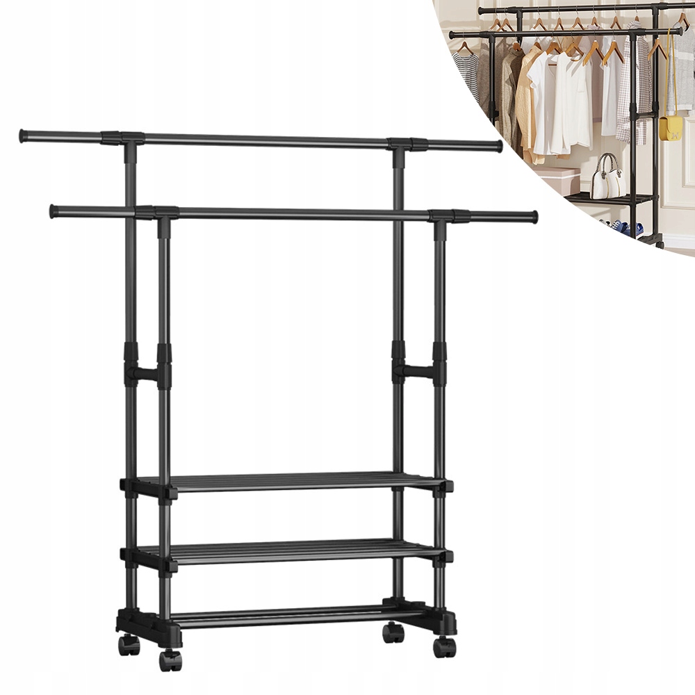 Levně Dvojitý Raňák Na Oblečení Stojaná Police Nastavitelná Na Kolečkách