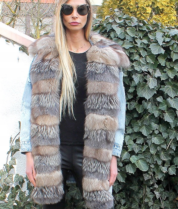 KURTKA JEANSOWA-KATANA-FUTRO Z LISÓW- LIS-ONE SIZE