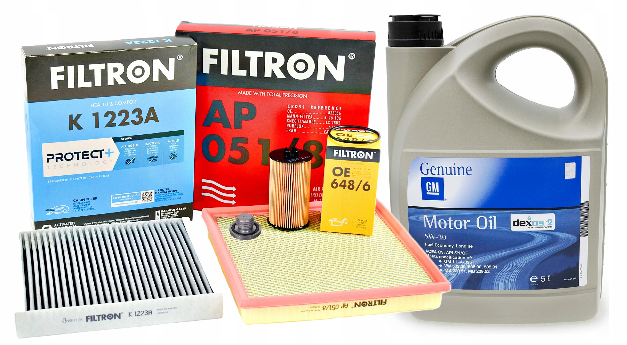 Sada 3 Filtrů Filtron Opel Astra H J 1.4 1.6 benzín olej Gm 5W-30 5L