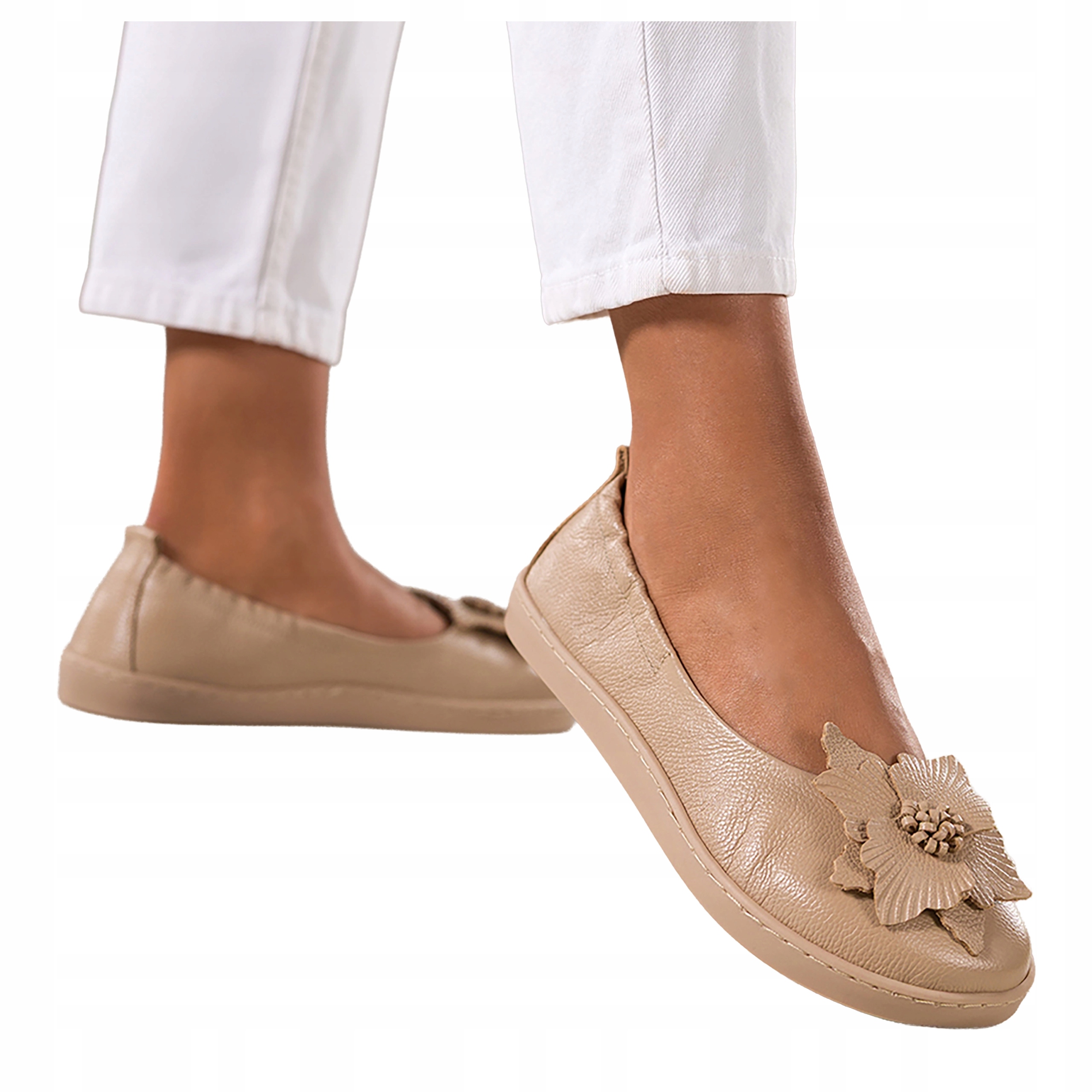Béžové Baleríny Dámské Pohodlné Barefoot S Květem Široké Kožené vel 38