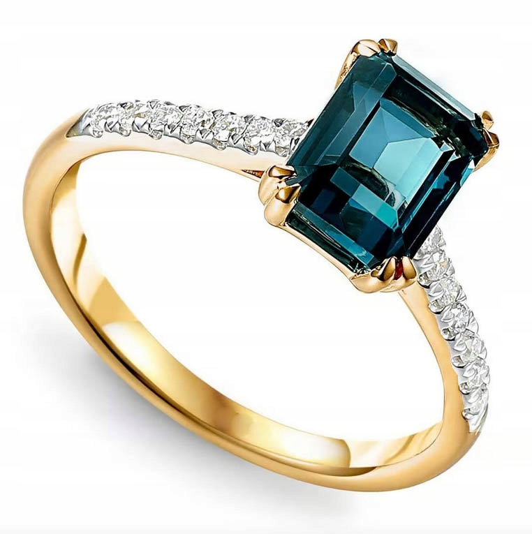 Pierścionek 14K Topaz London Blue Diamenty Grawer