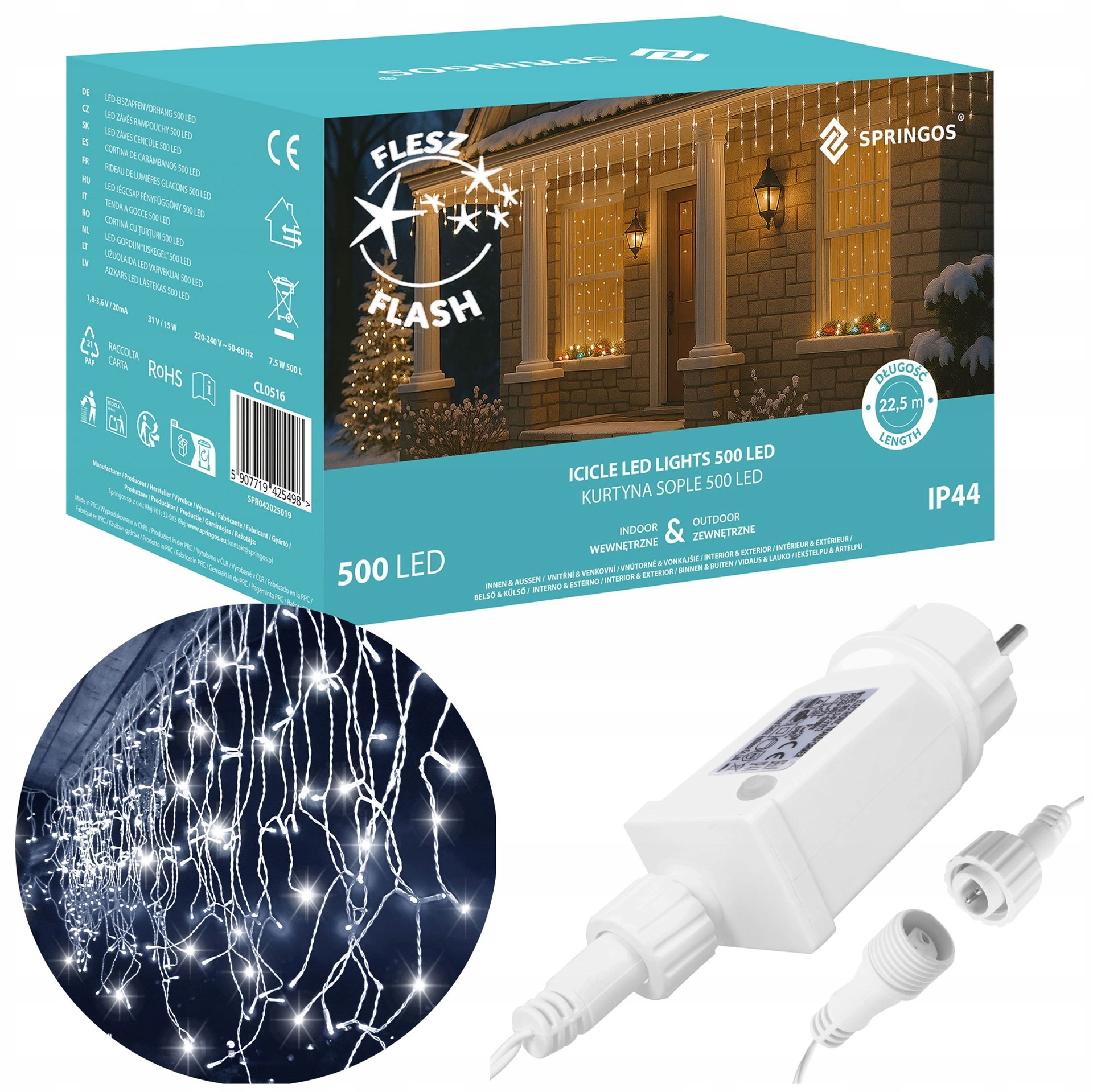 Sople 1000LED Venkovní Osvětlení 45 m Flash Světelná Záclona Bílá Studená IP44