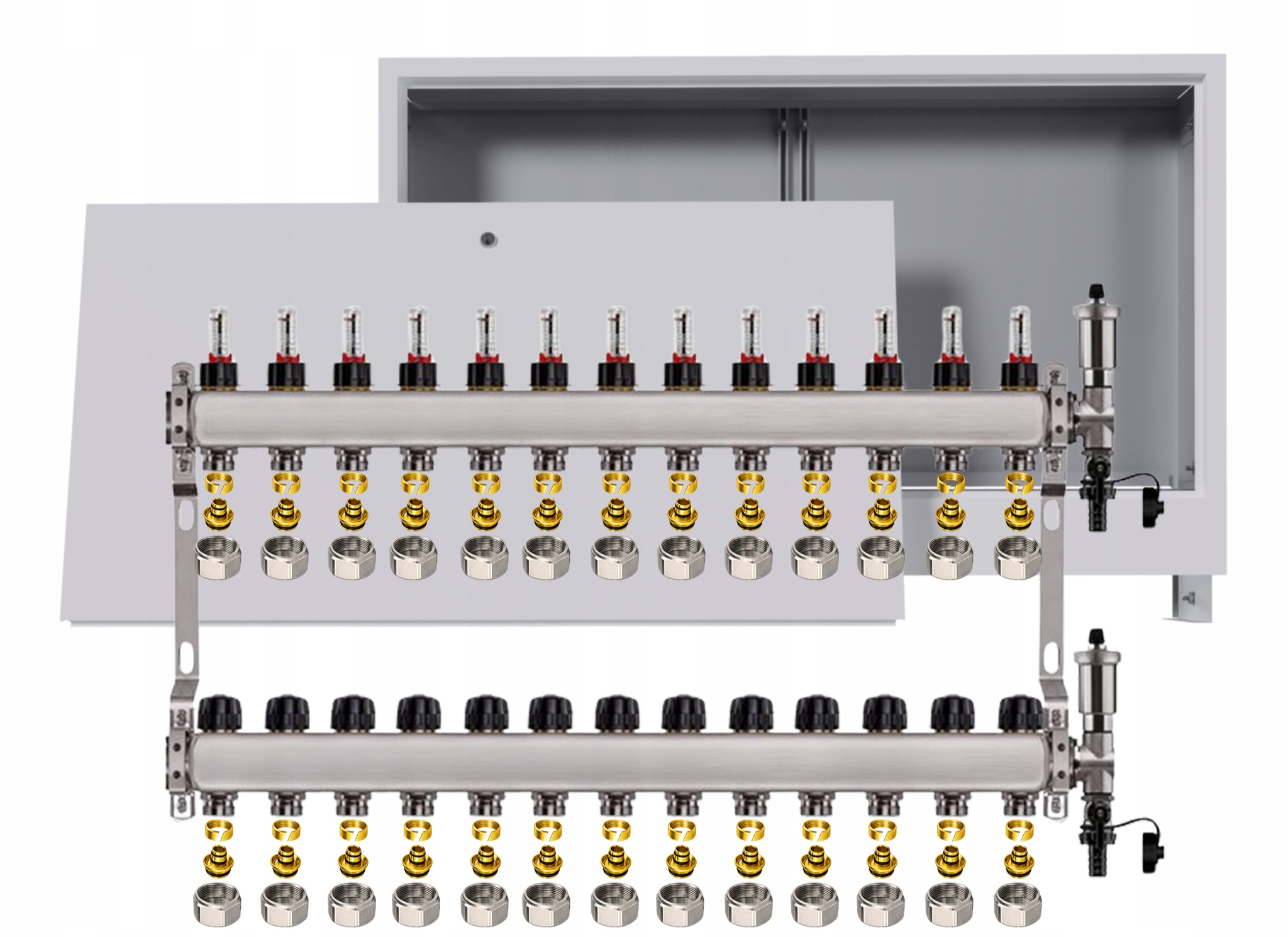 Nerezový rozdělovač pro podlahovku 13 okruhů s podomítkovou schránkou Pex