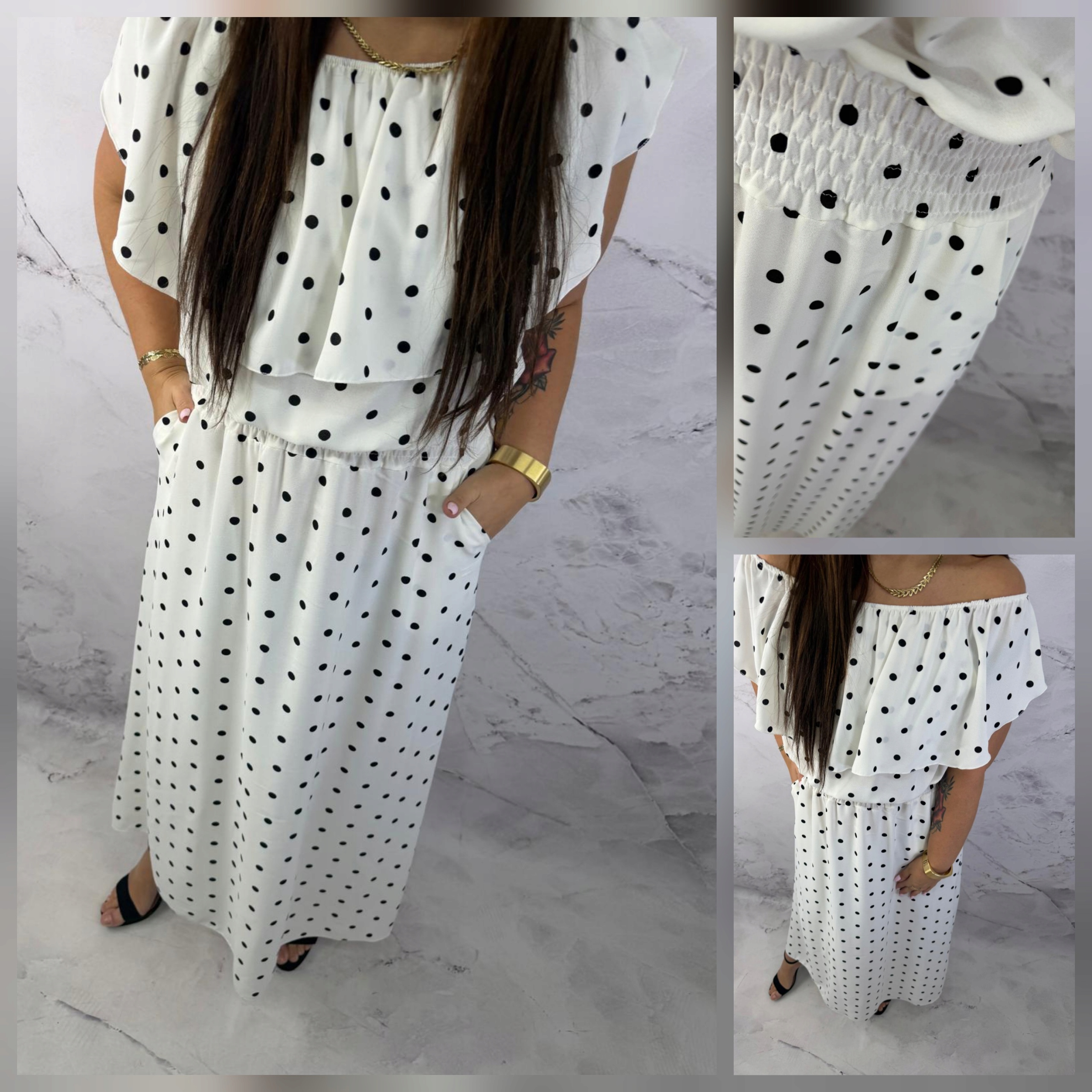 Bílá šaty Maxi s dlouhými černými puntíky španělská 4XL 5XL 48/50